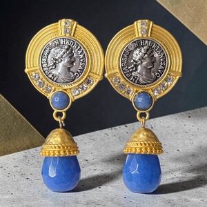 18k Matte Gold Plated Ancient Coin Blue Dangle Earrings